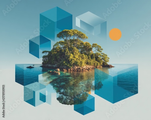 Tropical island with lush trees surrounded by blue ocean geometric 3D cubes in surreal digital art composition representing abstract nature landscapes