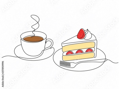 Fototapeta コーヒーとケーキの線画イラスト