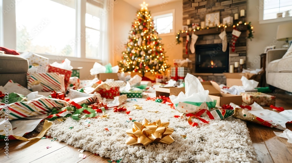 Obraz premium Messy Living Room with Christmas Tree and Gift Wrapping Chaos