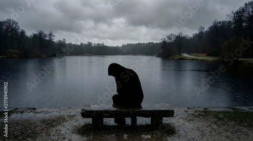 Contemplative Figure at Silent Lake Surrounded by Nature's Serenity