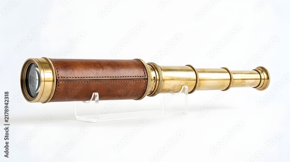 Fototapeta premium Vintage Brass Telescope with Leather Fittings on Clear Stand