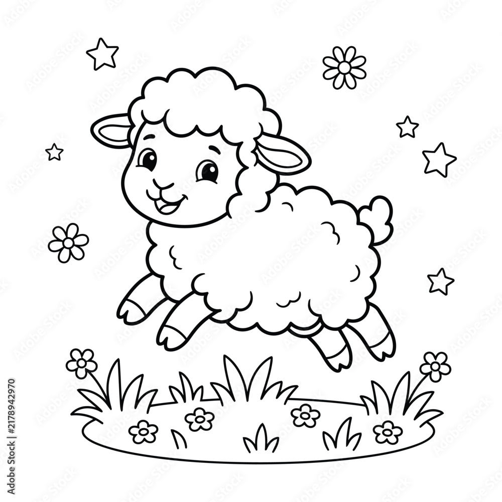 Obraz premium Cute baby sheep happily jumping over flower meadow with stars coloring page, cheerful spring farm concept