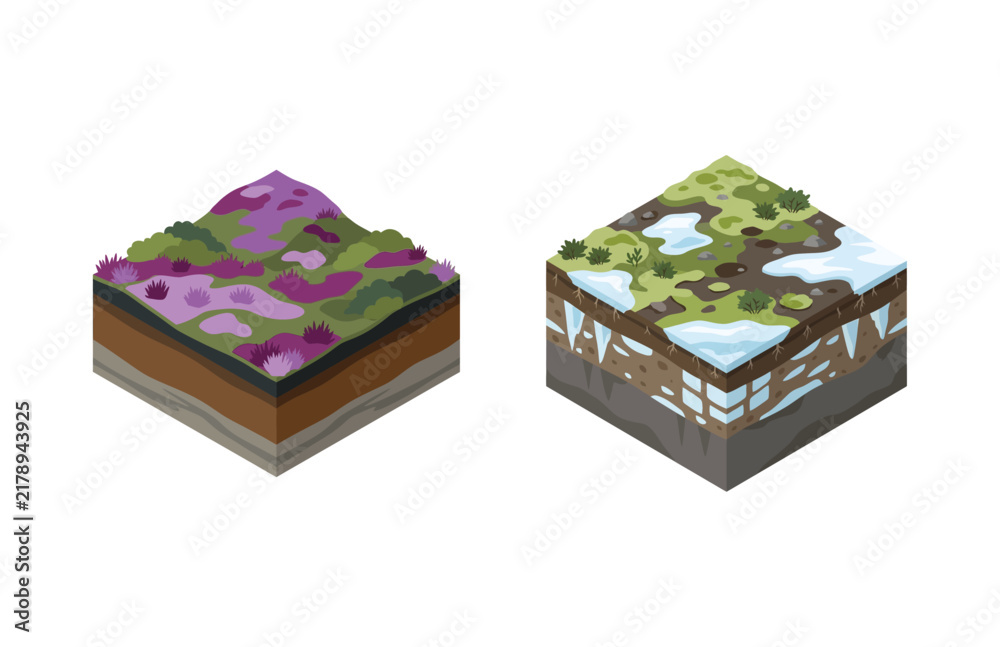 Obraz premium Isometric Cross Section Landscape Blocks Featuring Lush Purple Vegetation and Snowy Winter Terrain