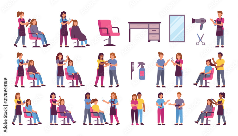 Fototapeta premium Hair salon and beauty parlor vector illustration set featuring professional hairdressers cutting styling brushing hair for customers plus interior furniture equipment icons