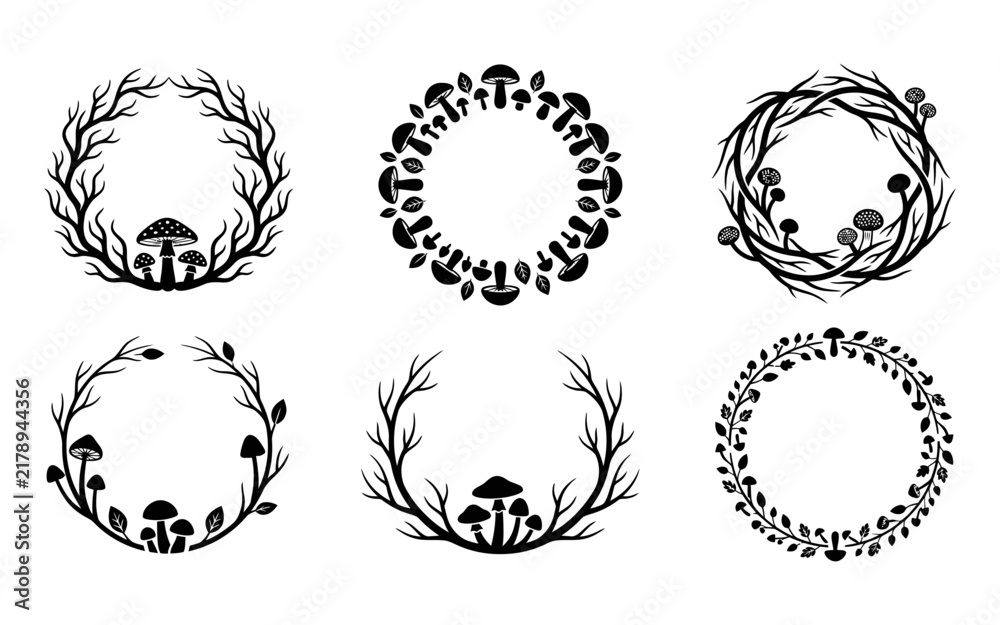 Fototapeta premium A set of six monochrome circular wreaths displaying detailed botanical illustrations of mushrooms and delicate leafy branches against a plain white backdrop
