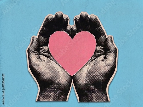 Paper Collage Illustration of Cupped Hands Holding a Pink Heart on Blue Background