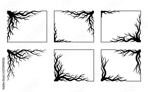 Collection of six black and white tree root frames with varying branch density and corner designs on a white background