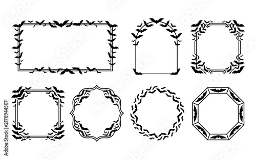 A set of six eerie halloween frames featuring detailed black bat silhouettes against a simple white backdrop perfect for various creative design projects