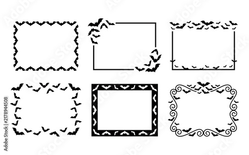 A set of six spooky black frames in square and rectangular shapes with silhouettes of bats perfect for halloween themed designs and decorations