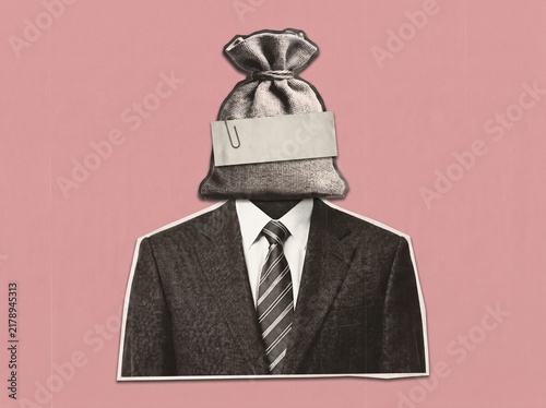 Businessman with a Money Bag for a Head Surreal Art Collage Concept