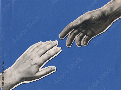 Vintage Collage Style Hands Reaching Towards Each Other on Blue Background