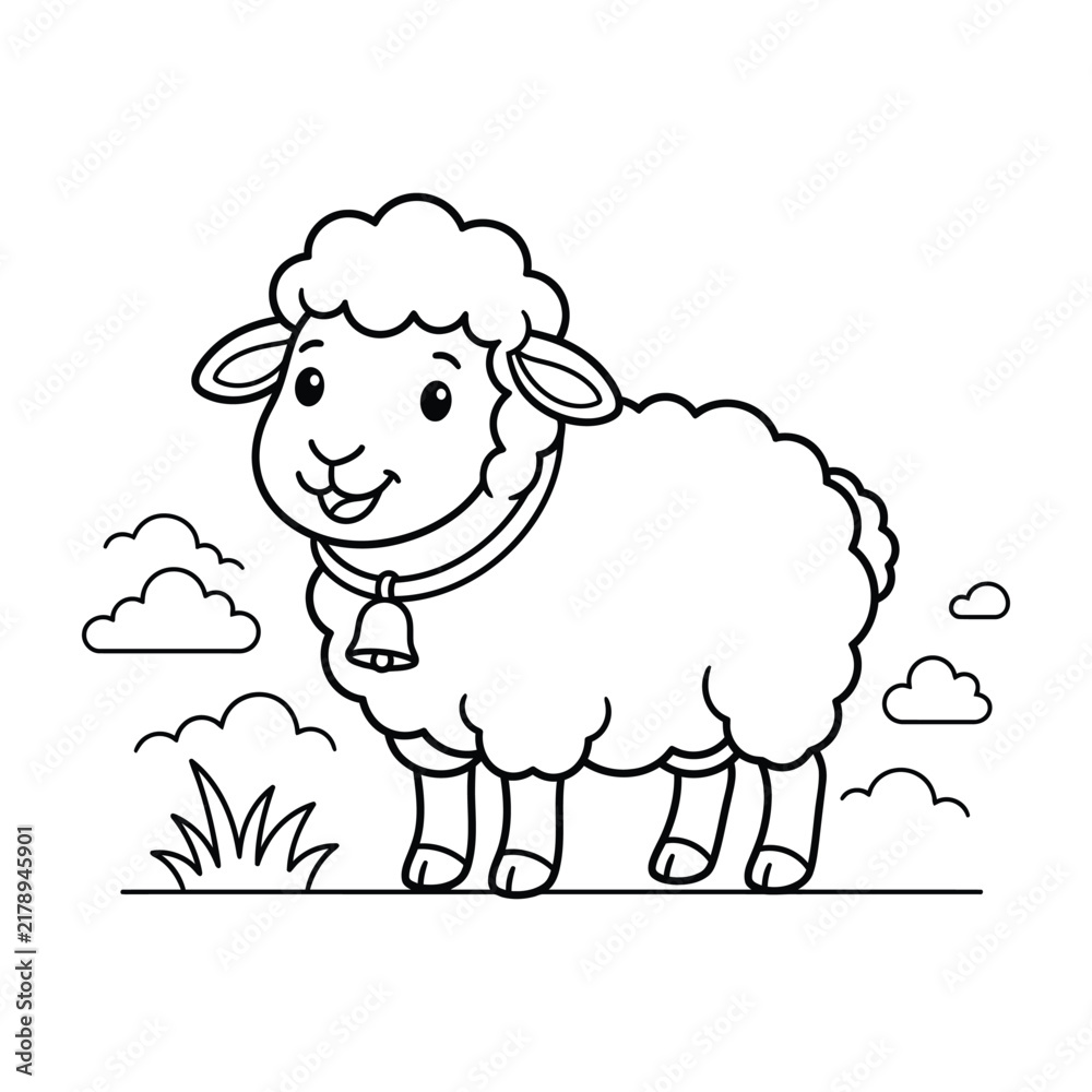 Obraz premium Cute fluffy baby sheep wearing collar bell on farm pasture coloring page, sweet lamb concept