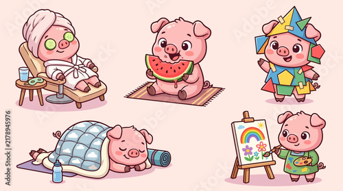 Adorable piglet characters enjoying skincare, fruit, relaxation, crafts, and painting activities in a wholesome kawaii cartoon illustration