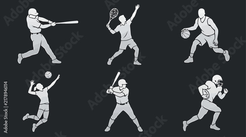 Professional monochrome collection of dynamic athlete silhouettes featuring baseball, basketball, volleyball, tennis, and American football actions