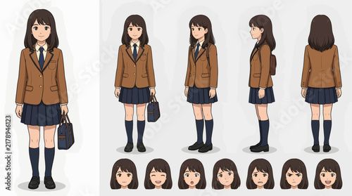 Original fictional female student character reference sheet showing multiple body angles, facial expressions, and school uniform details for character design