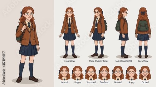 Original fictional female student character reference sheet showing multiple body angles, facial expressions, and school uniform details for character design