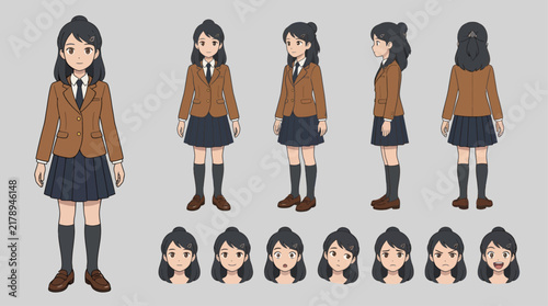 Original fictional female student character reference sheet showing multiple body angles, facial expressions, and school uniform details for character design