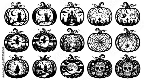 Collection of decorative pumpkin silhouettes featuring original Halloween scenes