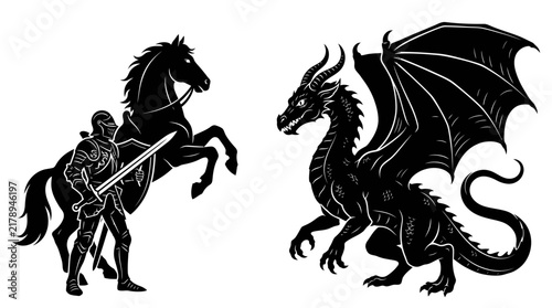 Dramatic monochrome silhouette of a medieval knight on horseback confronting a powerful winged dragon in an original fantasy adventure scene