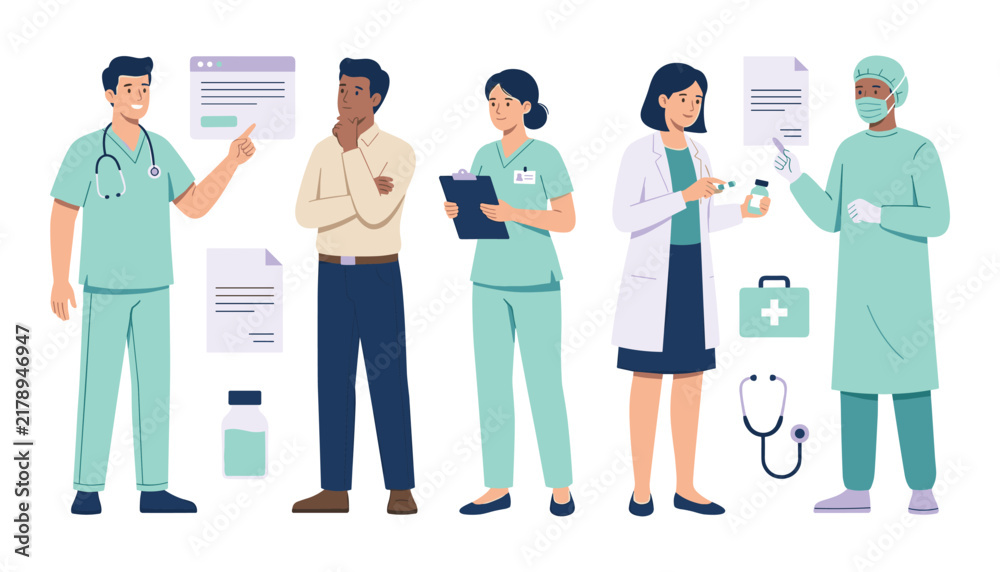 Fototapeta premium Medical Team and Healthcare Worker Character Set Featuring Doctors Nurses Surgeon and Patient Consulting with Icons for Health Checkup Vector Illustration