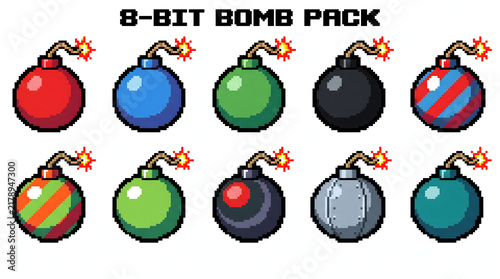 Collection of ten 8-bit pixel art bombs with ignited fuses in various colors