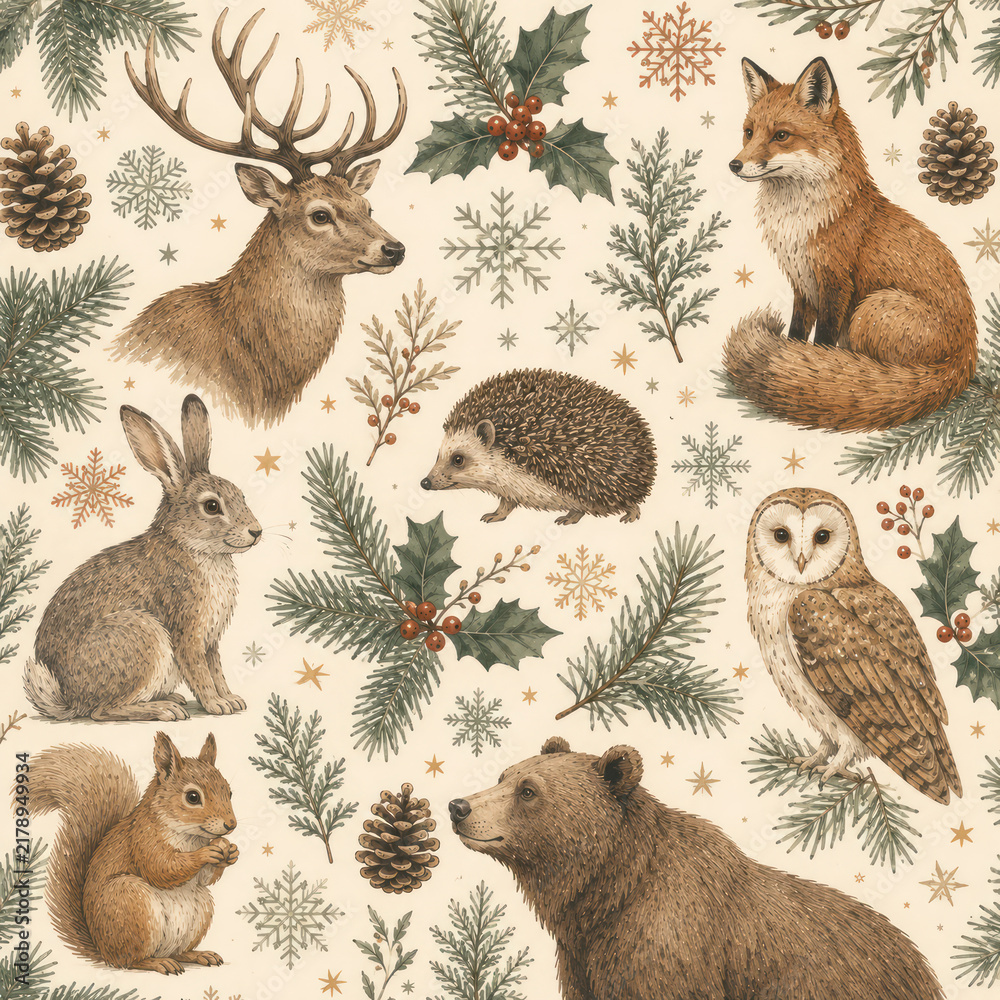 Fototapeta premium Vintage Woodland Christmas Pattern with Deer Fox Bear Owl Rabbit Hedgehog and Squirrel