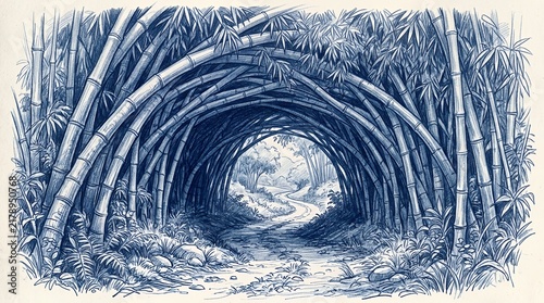Arched bamboo forest path creating tunnel effect.