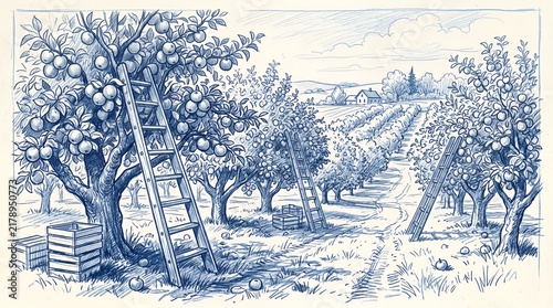 Apple orchard with wooden ladders during harvest season.