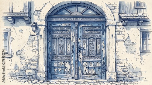Arched stone entrance with carved wooden double doors.