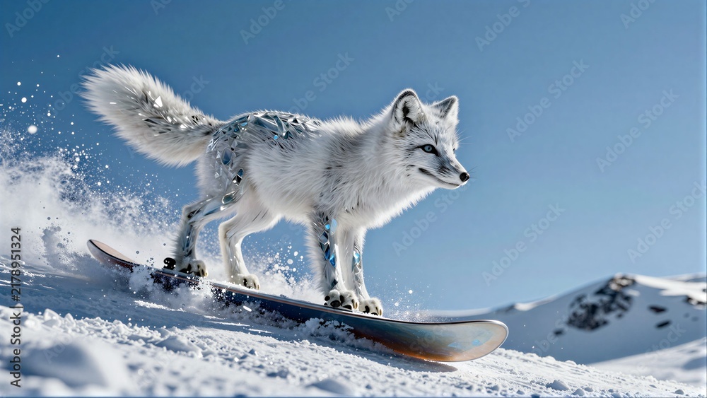 Obraz premium A snowy fox snowboards down a mountain with crystal-like fur and sparkling tail.