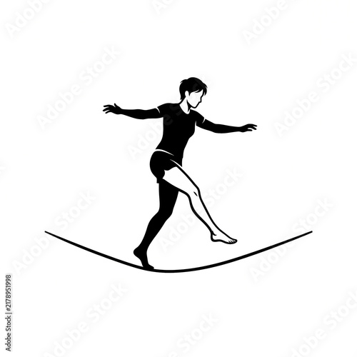 Woman Balancing on Slackline with Outstretched Arms, Black Silhouette Vector Illustration of Tightrope Walking, Balance, Focus, and Risk Management