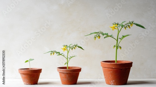 Tomato plants in different growth stages in terracotta pots, gardening and plant development concept