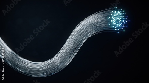 Glowing optical fiber cable strands bending in dark background