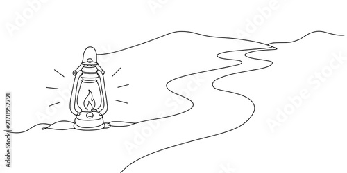 Fotografía Continuous Line Art of Vintage Lantern Illuminating Winding Path to Mountains re