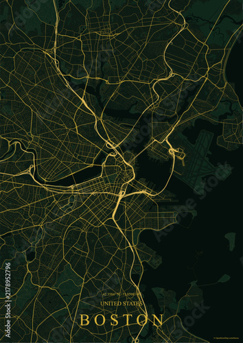 Dark green and gold map of Boston, Massachusetts, featuring Charles River, Logan Airport, Boston Harbor, road networks, and geographic coordinates.