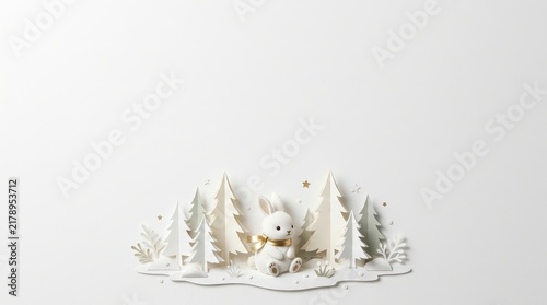Bunny sitting around pine trees on white background Easter Day 