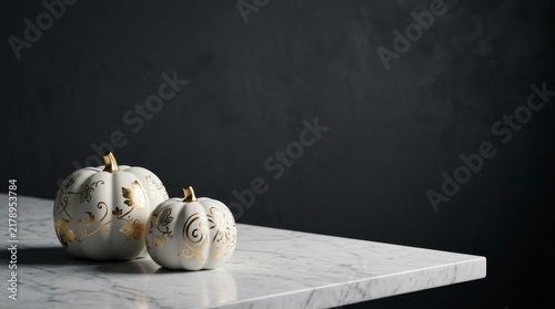 White pumpkins on white table with black background Halloween Thanksgiving copy space 