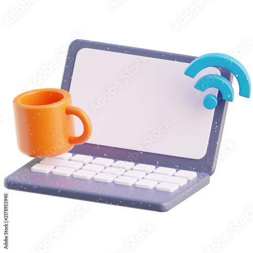 3d Illustration of Work From Home Laptop Coffee