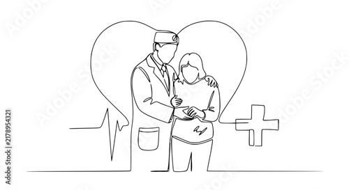 Doctor Embraces Patient Heart Symbol Line Art Medical Care Health Support