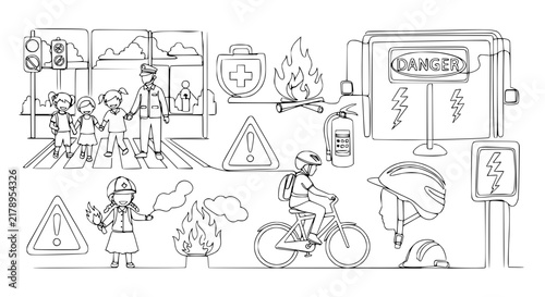 Safety Icons: Fire, Traffic, Cycling, First Aid, Danger Signs