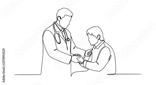 Doctor reassuring patient, continuous line drawing, medical care, empathy