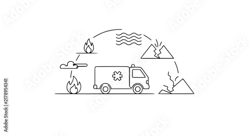 Ambulance Responding to Natural Disasters: Fire, Flood, Earthquake Icons