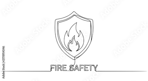 Fire Safety Shield Icon with Flame, Continuous Line Art, Isolated