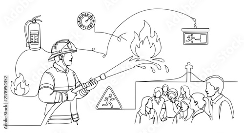 Firefighter Extinguishing Fire, Evacuation Plan, Safety Equipment, Line Art Illustration