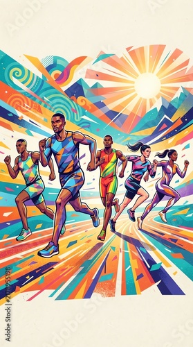 Dynamic Marathon Race with Diverse Athletes Under Bright Sunlight.