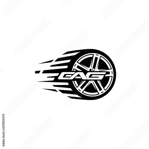 Black car wheel with speed lines and logo detail on white background
