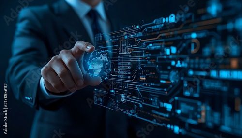 Futuristic AI Technology Concept with Businessperson Interacting with Digital Interface