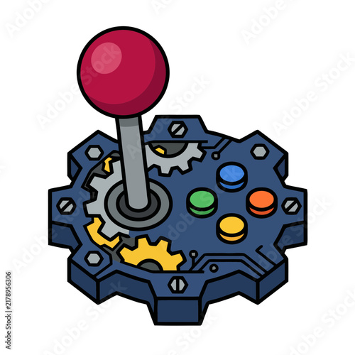 3D robotic gear button with glowing colored controls for futuristic interface design elements