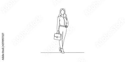 Continuous single line drawing of a professional businesswoman standing holding a briefcase