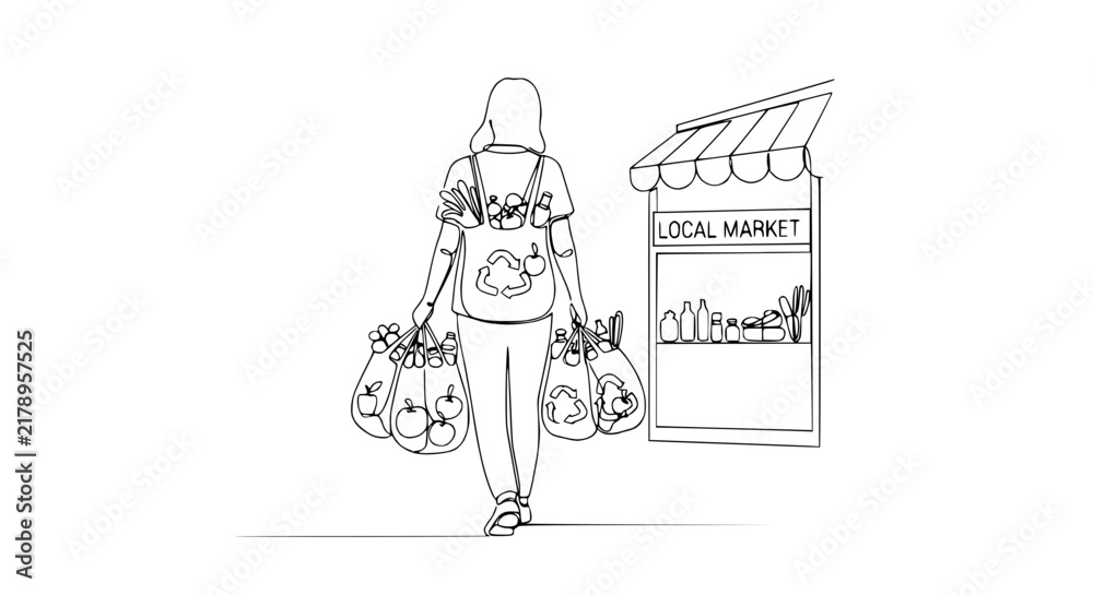 Obraz premium Woman with shopping bags from local market, line art illustration